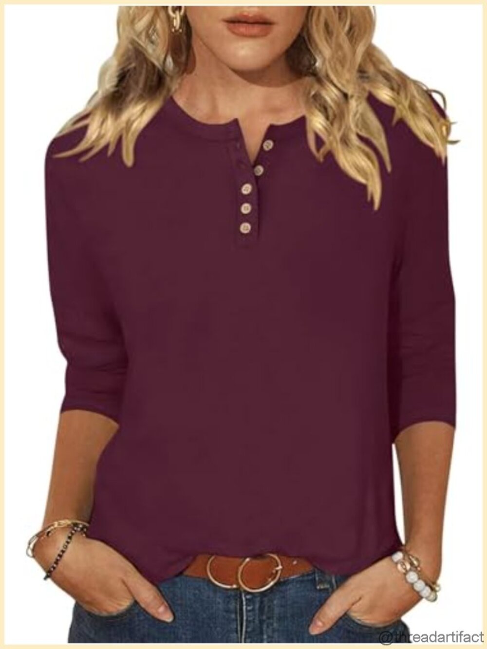 Womens 3/4 Sleeve Henley Top Button Down Tunic Shirt